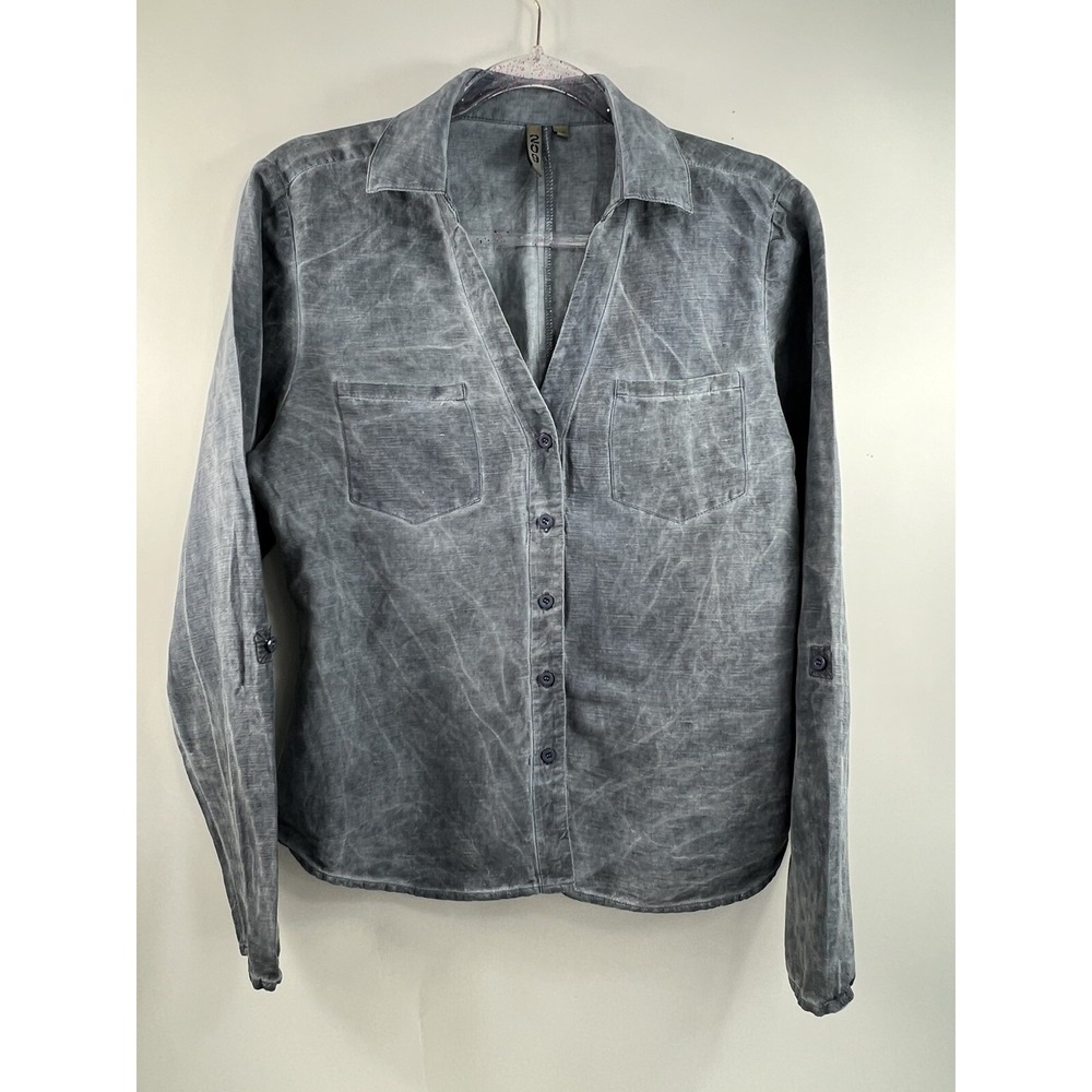 209 Blouse Top Women's Sz 10 Blue Roll Tab Sleeves V-Neck Chest Pockets Distress